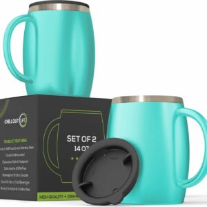 Stainless Steel Insulated Coffee Mugs Set of 2 (14oz) Double Wall Coffee Cups With Spill Resistant Lid & Handle